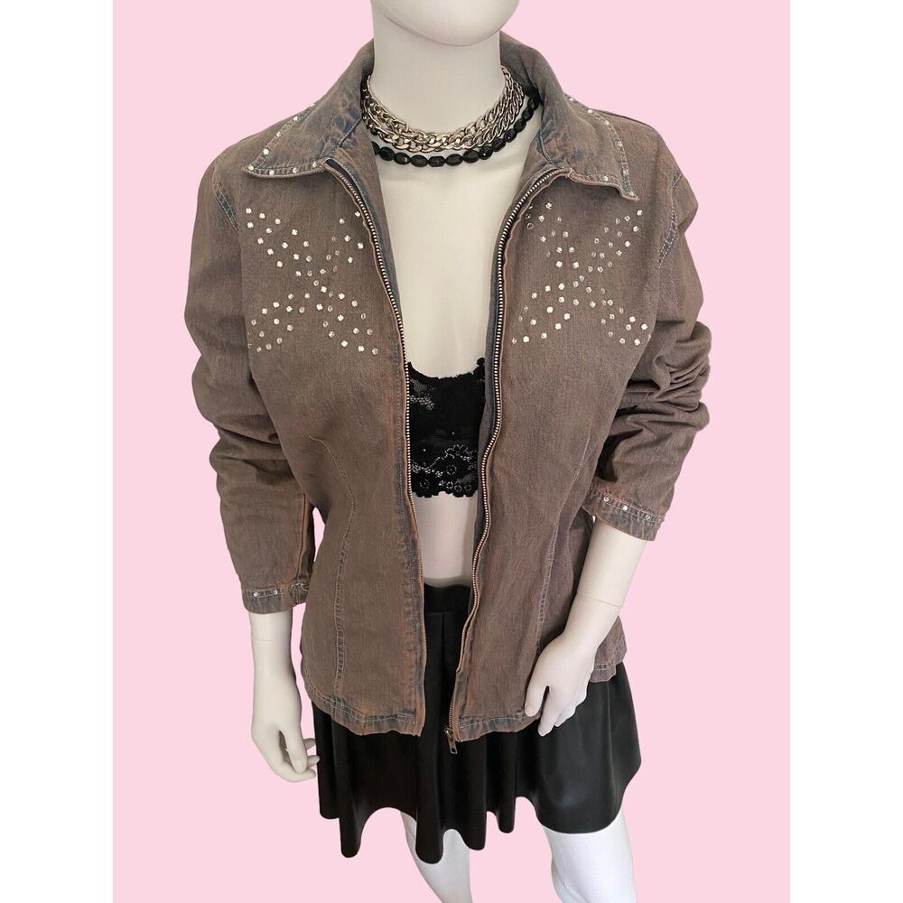 Vintage 90s Festival Punk Gothic Denim Jean Jacket with Rhinestones Studio West